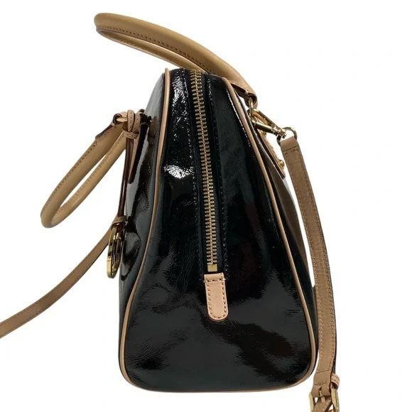 Michael Kors Black Patent Leather Top Handle Bowling Bag With Shoulder Strap